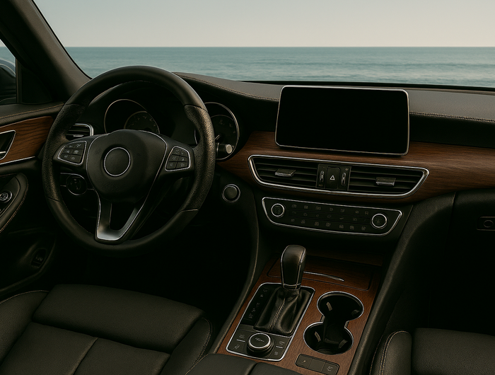 Intérieur de voiture avec tableau de bord, volant et écran tactile