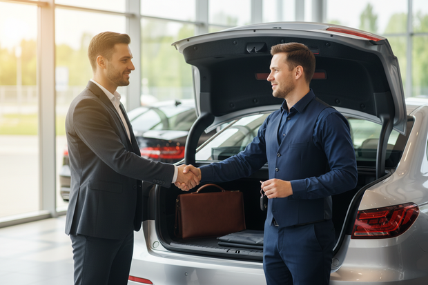 Two men shaking hands in front of an open car trunk in a showroom.